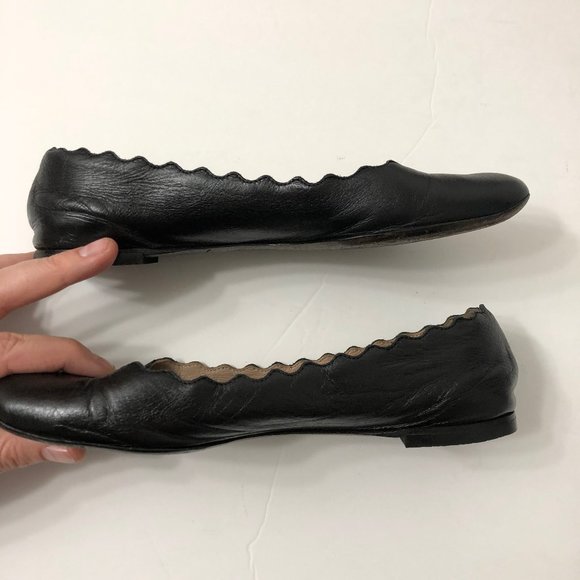 Chloé Lauren black leather scallop ballet flats - Picture 2 of 8